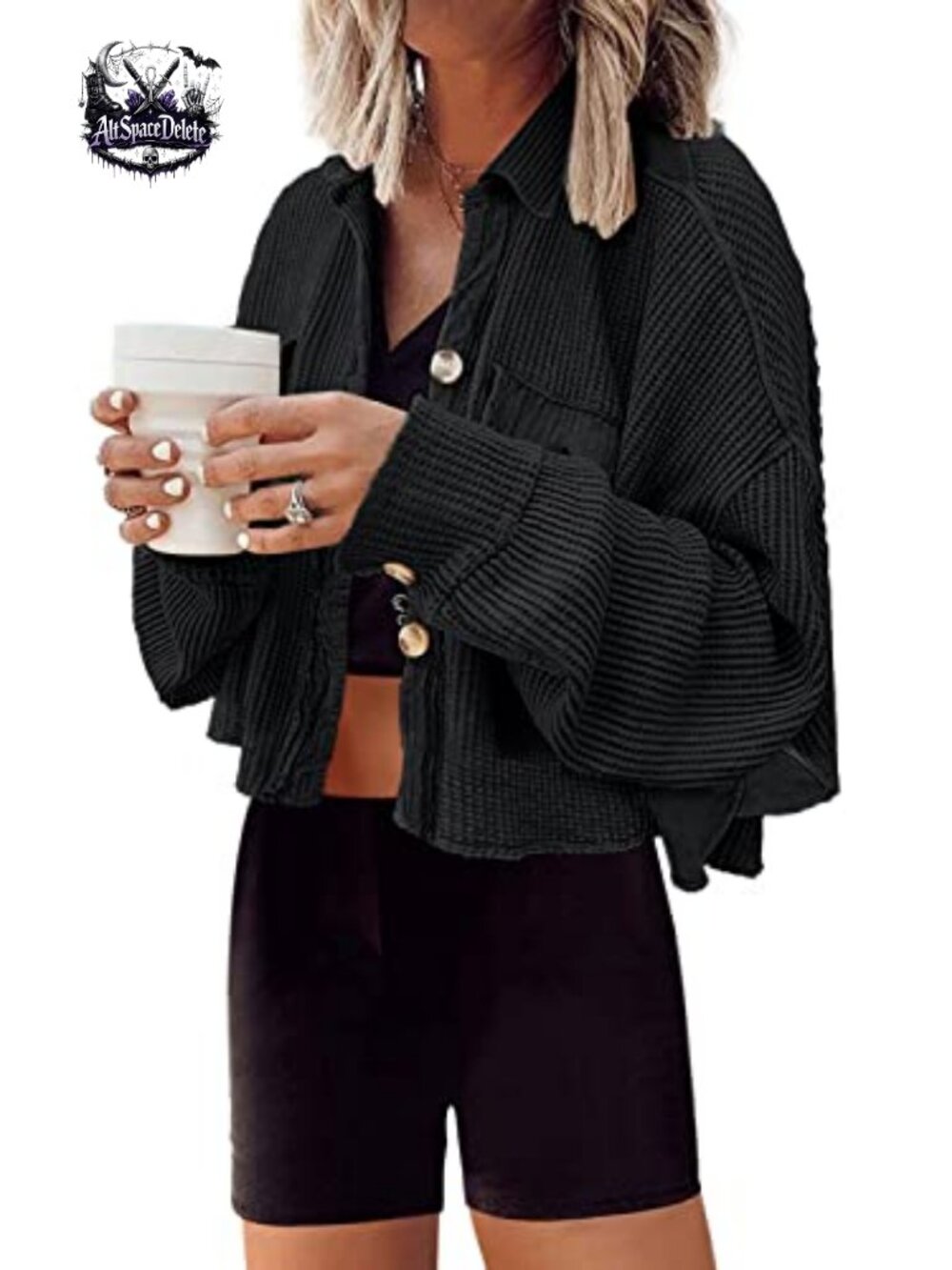 Waffle Knit Cropped Shacket Button Down Oversized Cardigan Jacket